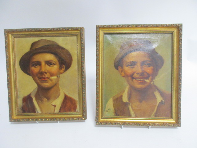 A pair of 20th Century oils on canvas of boys smoking, signed Rossi, framed and unglazed, 26cm x