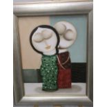 A framed contemporary oil on canvas of a couple embracing, 41cm x 32cm, the verso with label for