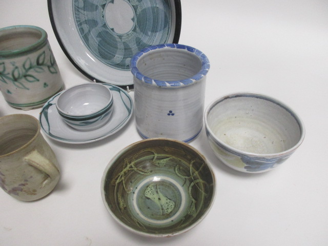 A collection of Aldermaston pottery, including a large circular dish with blue brushwork upon a - Image 4 of 5