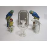 A small group of Continental glass and ceramics, including a pair of parrots, a blanc de chine