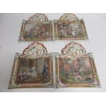 A set of four Continental Lille faience pottery plaques, hand decorated with scenes of 'The Rakes