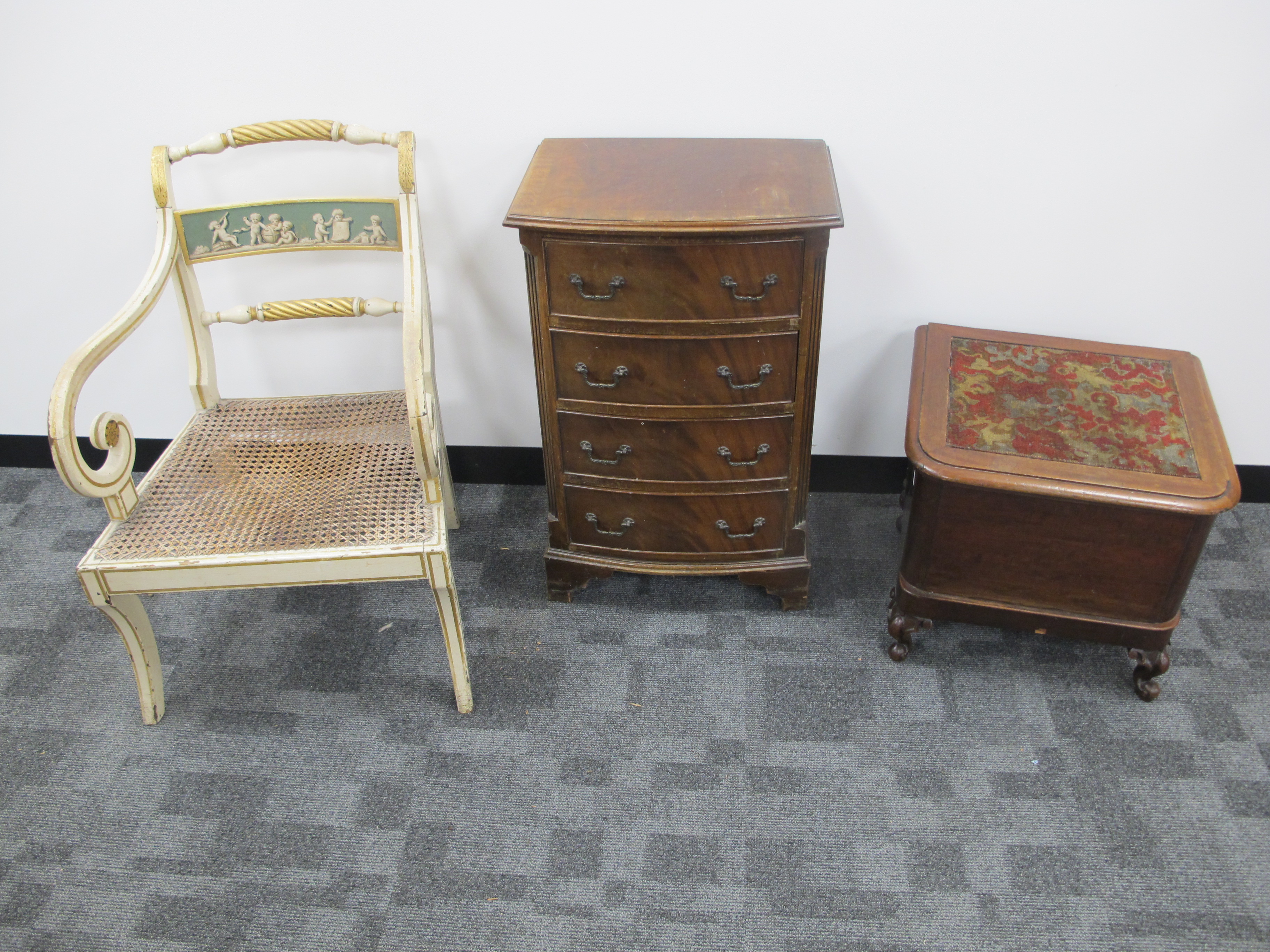 A 19th Century mahogany step commode, with original porcelain liner, raised on carved cabriole front