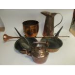 A small group of mostly copper wares, to include a tall jug, height 41cm, warming pan, kettle and