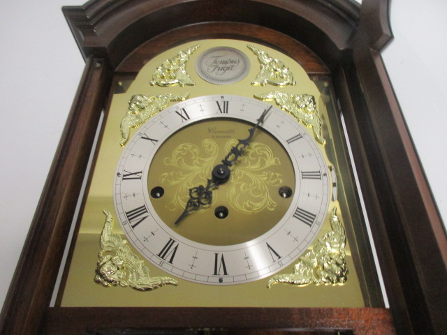 A mahogany cased chiming wall clock by Comitti, the arched brass dial with a 'Tempus Fugit' plaque - Image 3 of 3