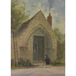 Thomas Wakeman (1812 - 1878) watercolour on paper, a figure approaching a gatehouse, titled '