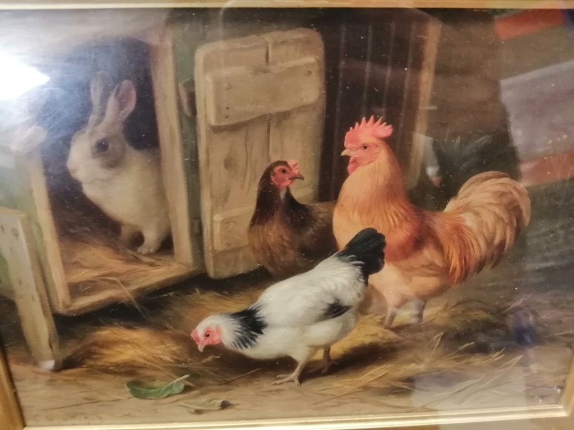 Edgar Hunt (1876-1953) oil on canvas, depicting chickens outside a rabbit hutch, signed and dated ( - Image 8 of 8
