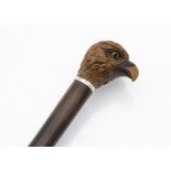 A Victorian lady's walking cane, having well carved bird of prey finial, silver collar on possibly