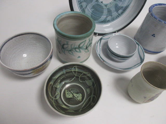 A collection of Aldermaston pottery, including a large circular dish with blue brushwork upon a - Image 2 of 5