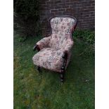 Victorian Spoon Back Tub Chair, with showood mahogany frame and scrolled arms on turned supports