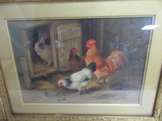 Edgar Hunt (1876-1953) oil on canvas, depicting chickens outside a rabbit hutch, signed and dated ( - Image 2 of 8