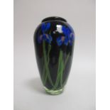 A contemporary art glass vase with encased irises, indistinctly signed to base with artist's name