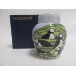 A contemporary Moorcroft pottery ginger jar, in the 'Puffin' pattern designed by Carol Lovett,