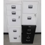 Three metal two-drawer filing cabinets, one black, 39cm x 46cm x 75cm, two white together with one