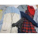 A collection of ladies vintage clothing, including a blue cotton Quelrayn coat, a Jaeger coat, skirt