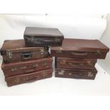 1930s and Later Small Suitcases, a group of seven brown cases including a leather example initialled