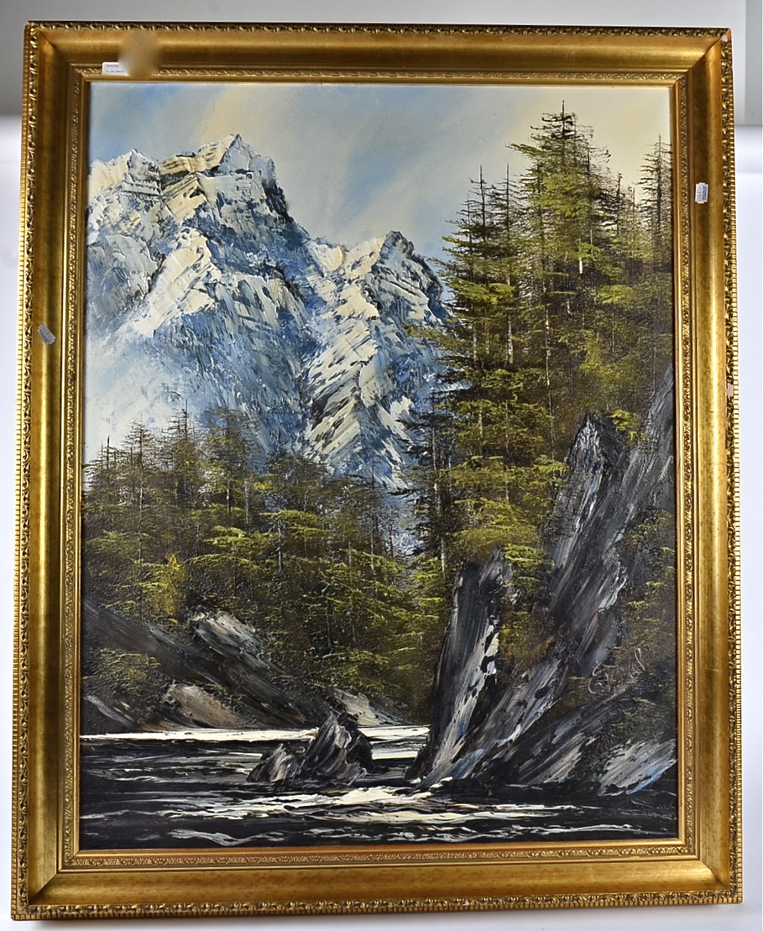 A pair of 20th Century mixed media on canvas paintings, both depicting mountain gorges, both