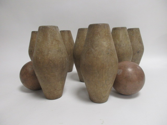 A set of nine early 20th Century turned wooden skittles, together with two balls (11) - Image 2 of 6