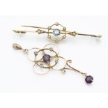 An Edwardian 15ct gold aquamarine and seed pearl bar brooch, together with a 9ct gold amethyst and