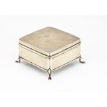 A George V silver small trinket box by JD WD, square, 6.5cm, feet bent, inner tatty