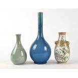 A Chinese turquoise glazed bottle vase, supported on a short straight foot, with unglazed base,