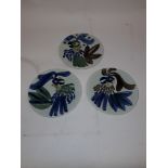Royal Copenhagen Studio Pottery Plates Depicting Stylised Tropical Birds, three plates all painted
