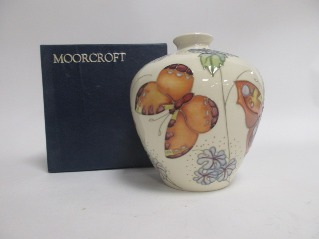 A contemporary Moorcroft pottery vase, of bulbous form, in the 'Butterfly' pattern designed by - Image 2 of 3