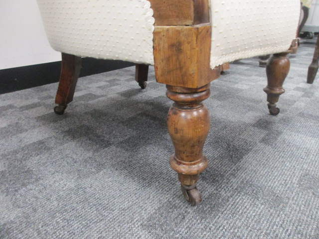 A 19th Century button back armchair, with oak scroll arms and turned supports, upholstered in an - Image 3 of 3