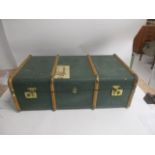 A green vintage travel trunk with Shaw Savill Line shipping label Southampton, 91cm x 50cm x 28cm,