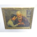 An Italian school oil on board of a Grandfather and Grandson, smoking a pipe, internal dimensions