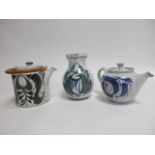 Three pieces of Aldermaston pottery, including an Alan Caiger-Smith jug, height 18cm and teapot