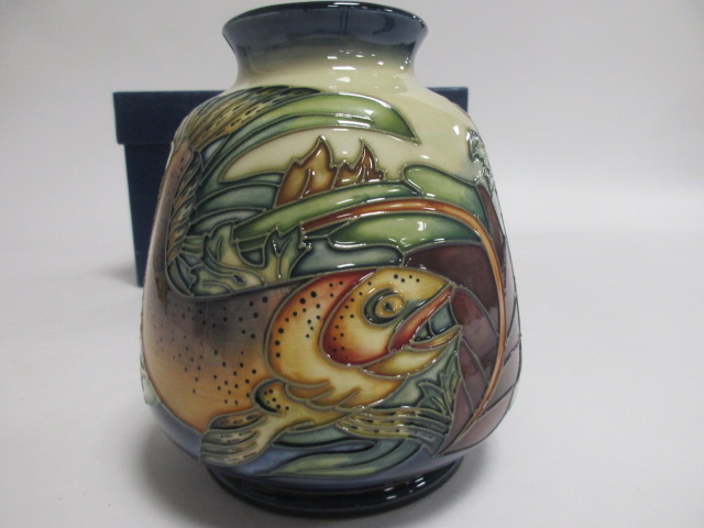 A contemporary Moorcroft pottery vase, of squat form, in the 'Trout' pattern designed by Philip - Image 3 of 4