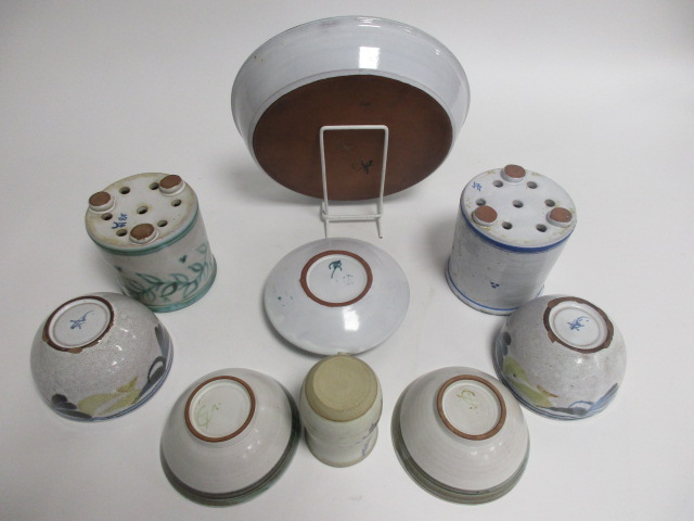 A collection of Aldermaston pottery, including a large circular dish with blue brushwork upon a - Image 5 of 5