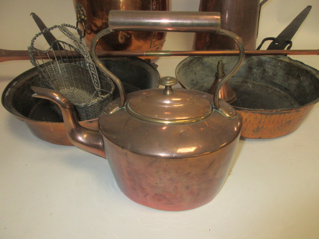 A small group of mostly copper wares, to include a tall jug, height 41cm, warming pan, kettle and - Image 2 of 5