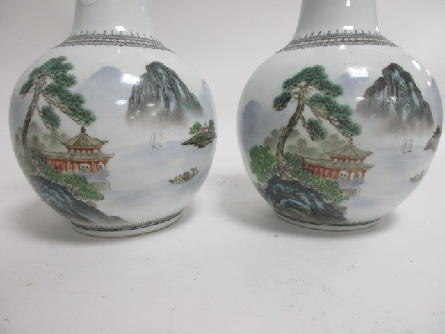 A pair of Chinese 20th Century vases, each bulbous body with polychrome over glaze enamel - Image 2 of 5