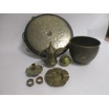 A small group of Middle Eastern and Asian brasswares including a gong, diameter 49cm and a large