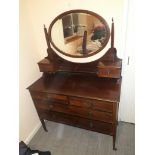 Edwardian Mahogany Dressing Table, inlaid mahogany with oval mirror and two jewel drawers above