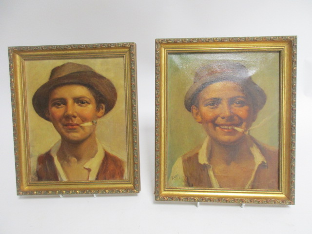 A pair of 20th Century oils on canvas of boys smoking, signed Rossi, framed and unglazed, 26cm x - Image 3 of 4