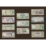 Eleven British bank notes, presented in a frame, from all UK regions and Ireland, mostly 1970s and