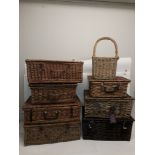 Vintage and Modern Wicker Picnic Hampers and Bottle Basket, a group of seven, including one