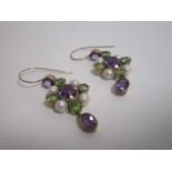 A pair of 20th Century pearl amethyst and peridot drop earrings, in yellow metal mount, the