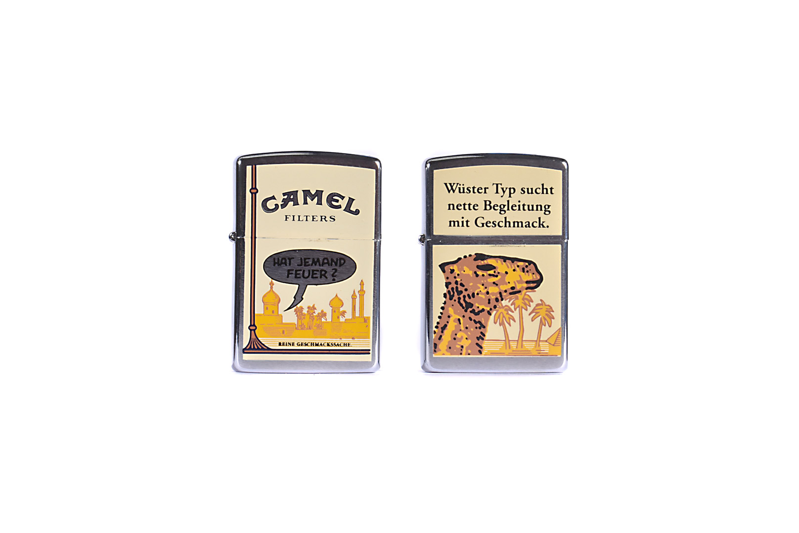 Two German-market Camel Zippo Lighters, both on brushed chrome, one translating as 'Cool Dude