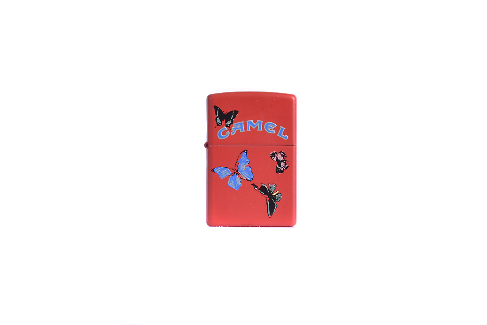 A Camel Damien Hirst Butterfly Zippo Lighter, the red matt lighter with Camel name to front, with