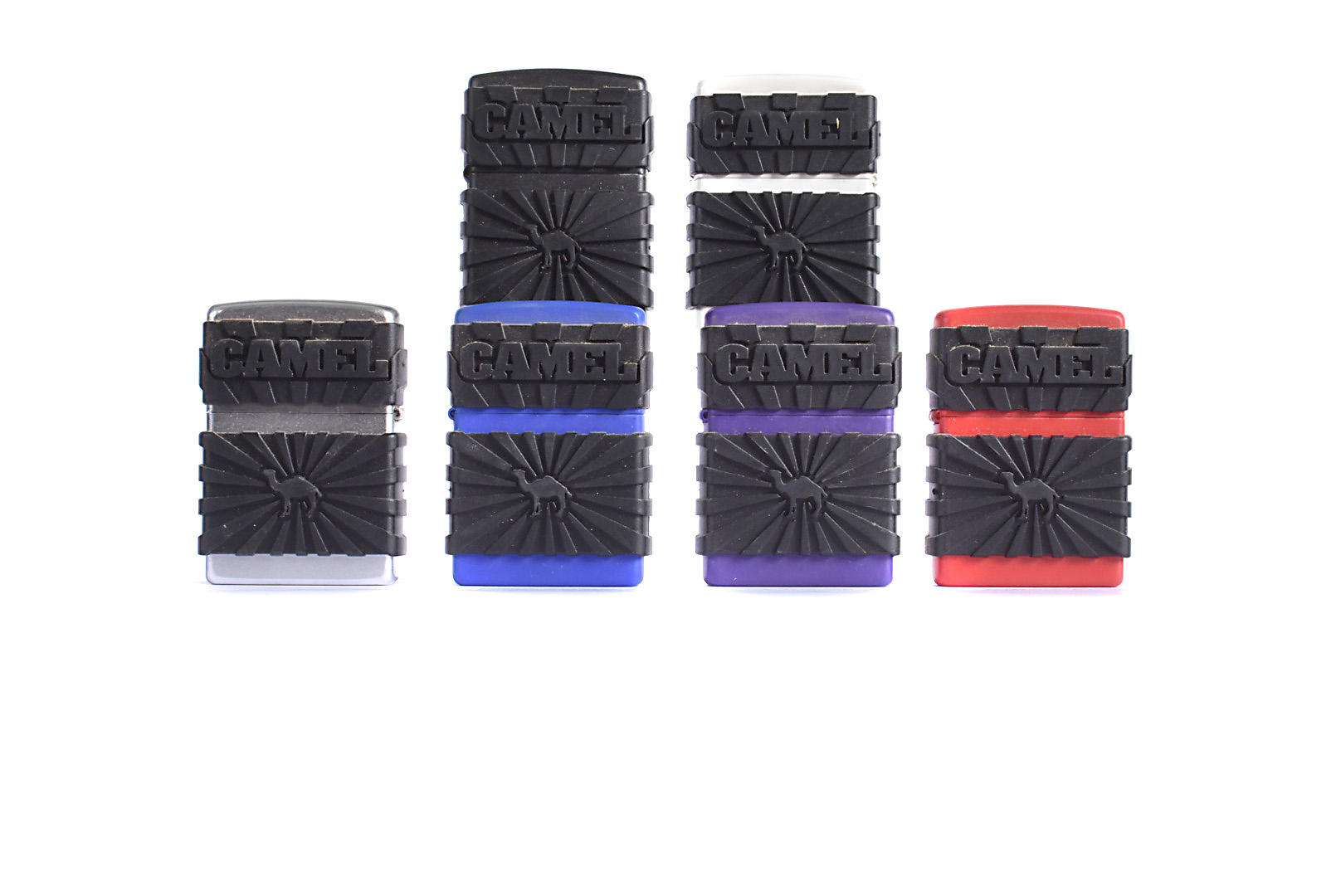 A collection of six Camel Zipguard Zippo Lighters, all dated 2000 - Black, Purple, Blue, Red,