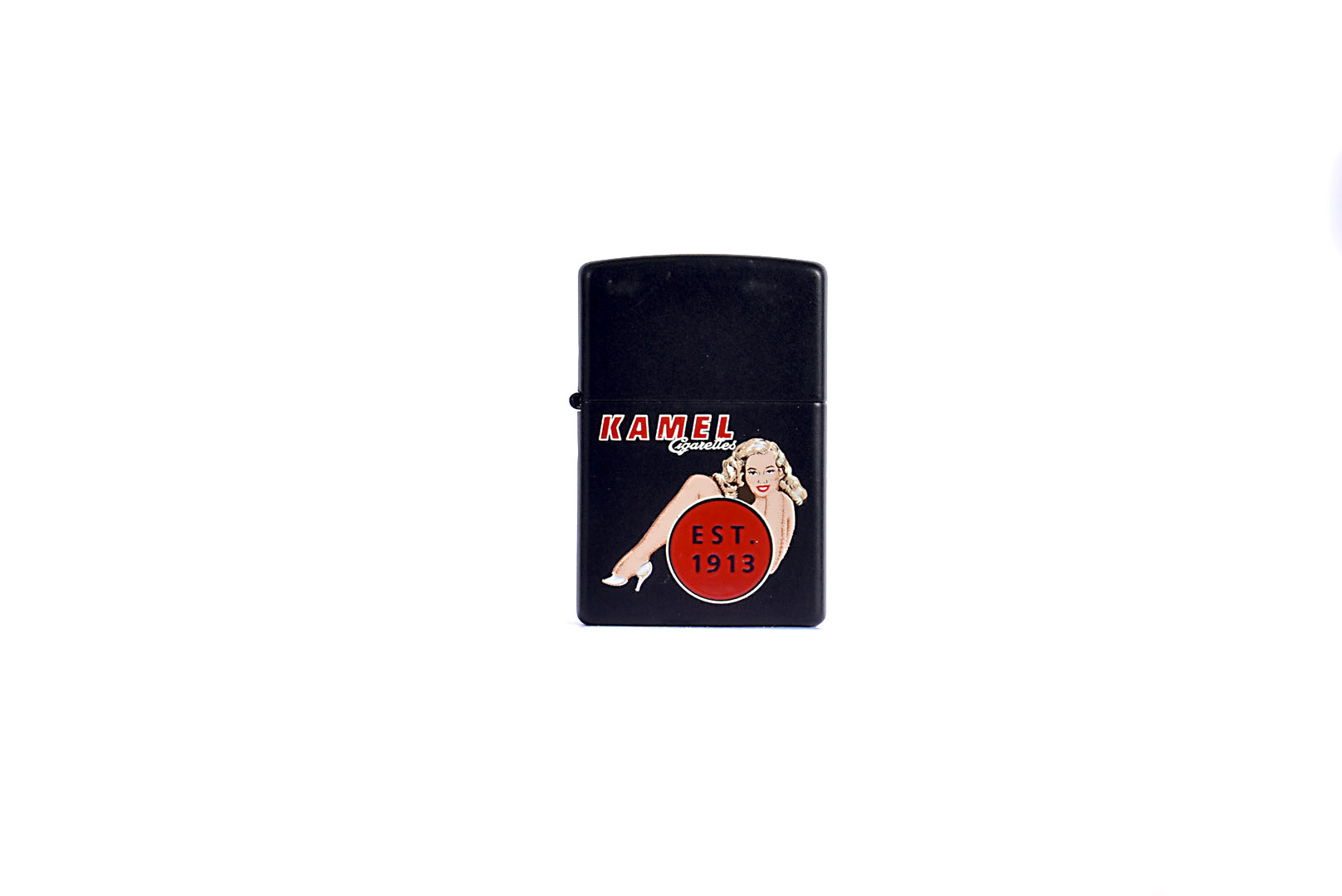 A 'Kamel Cigarettes' Pin-Up prototype Zippo Lighter, red and white lettering, with Pin-Up Girl and