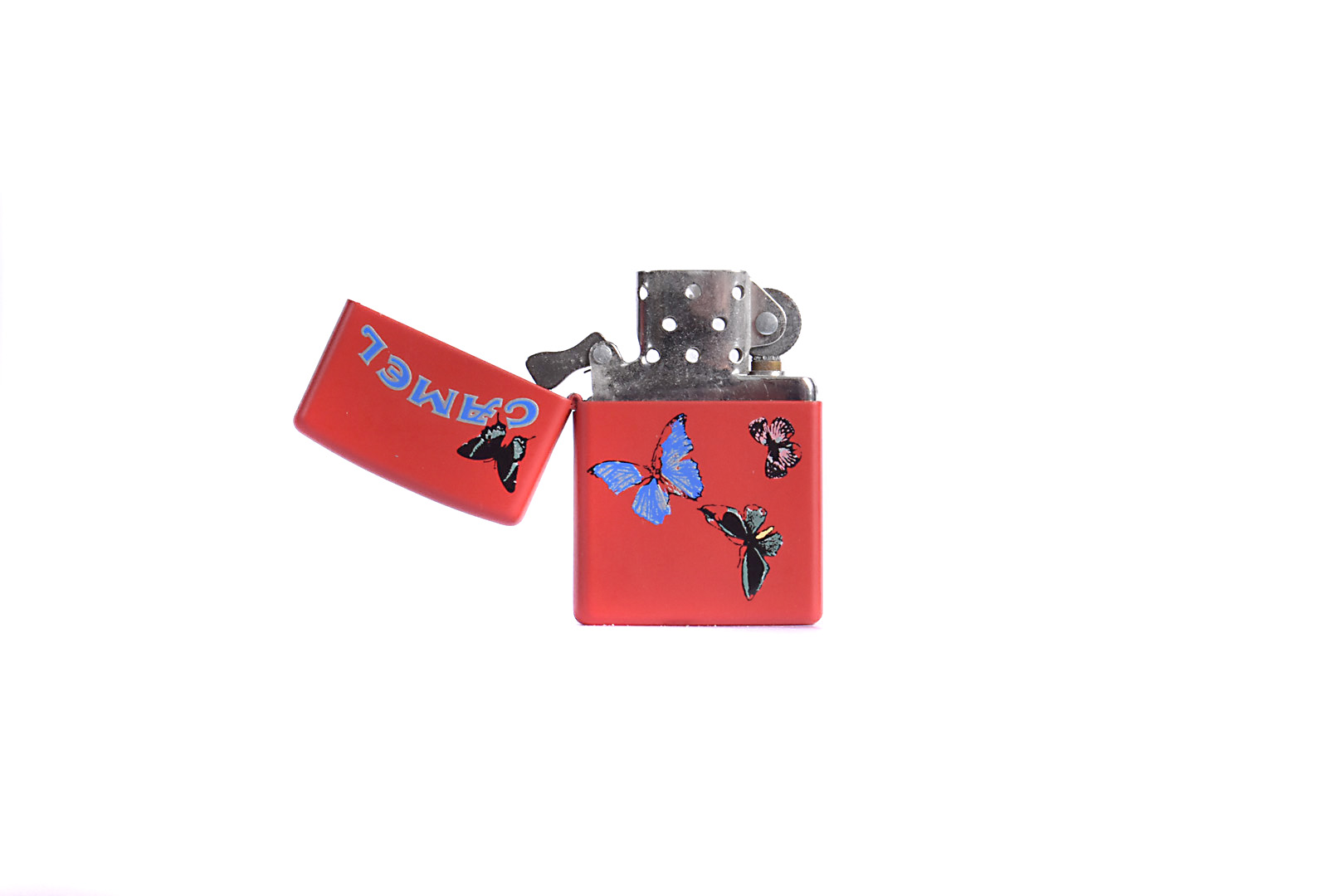 A Camel Damien Hirst Butterfly Zippo Lighter, the red matt lighter with Camel name to front, with - Image 2 of 3