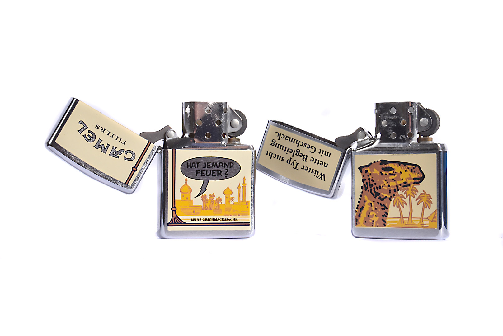 Two German-market Camel Zippo Lighters, both on brushed chrome, one translating as 'Cool Dude - Image 2 of 3