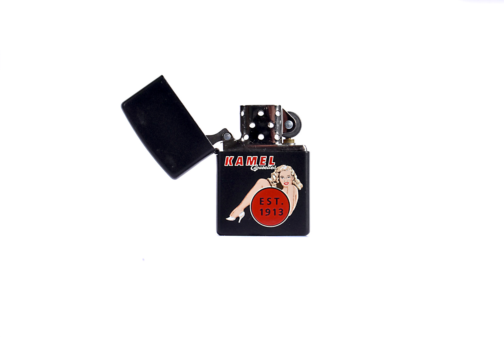 A 'Kamel Cigarettes' Pin-Up prototype Zippo Lighter, red and white lettering, with Pin-Up Girl and - Image 2 of 3