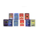 Nine of The Camel International Series Zippo Lighters, comprising Camel Riverbend (black and