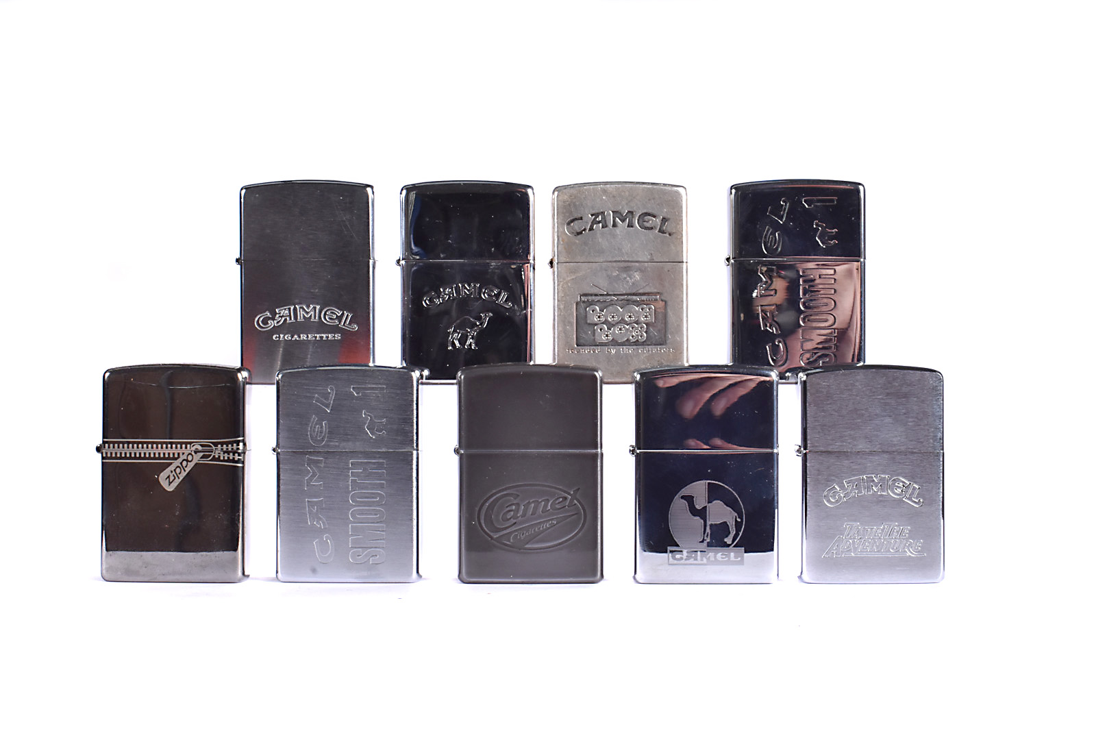 A collection of chrome Camel Zippo Lighters, to include Retro Midnight Chrome, German Camel Beast,