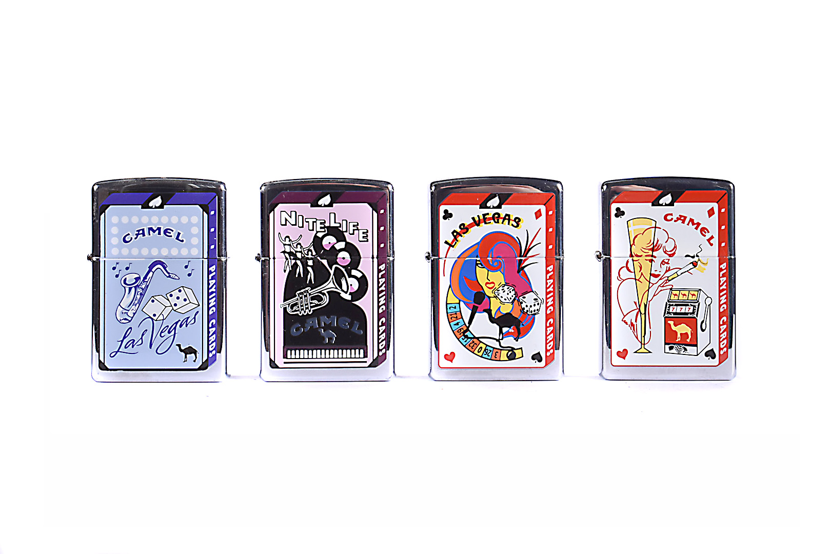 The Zippo Lighter Las Vegas Playing Card series, Dice, Nitelife, Roulette and Slots, all on